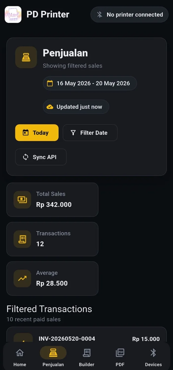 PD Printer filtered Polaroid POS sales and transaction summary